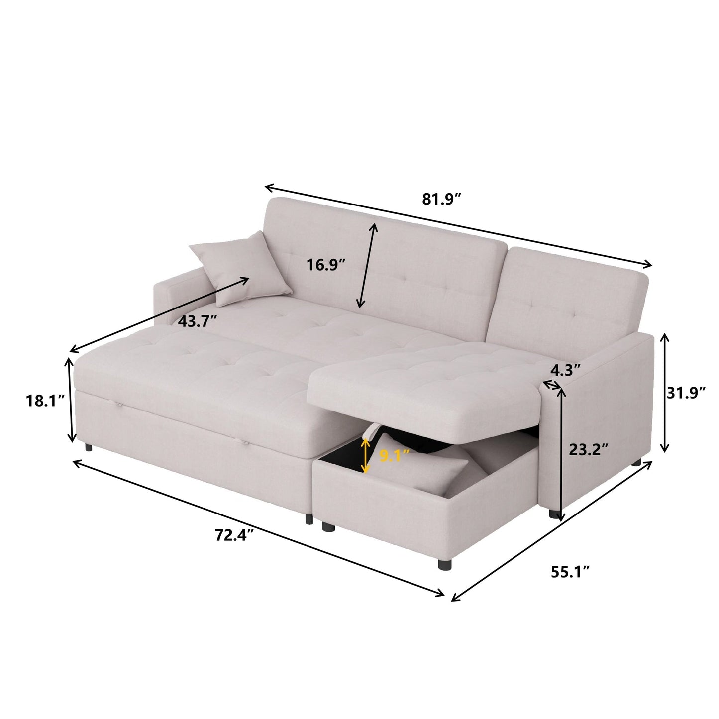 Canapé-lit et chaise longue réversibles de 208 cm de large