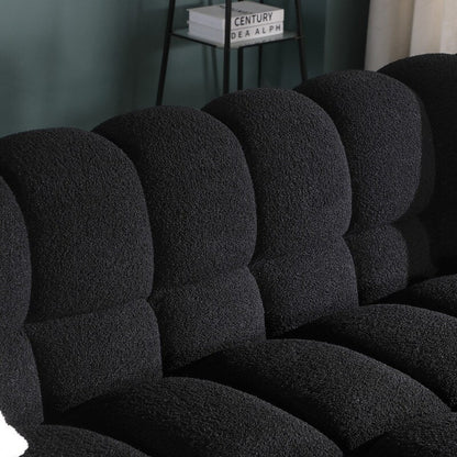 84.3 Canapé 3 places luxueux et spacieux en bouclette, recouvert de tissu Marshmallow, avec 2 coussins carrés décoratifs et accoudoirs carrés.