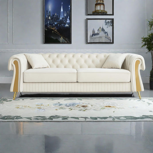 Canapé 3 places en velours 89 avec deux coussins d'assise et deux coussins décoratifs.