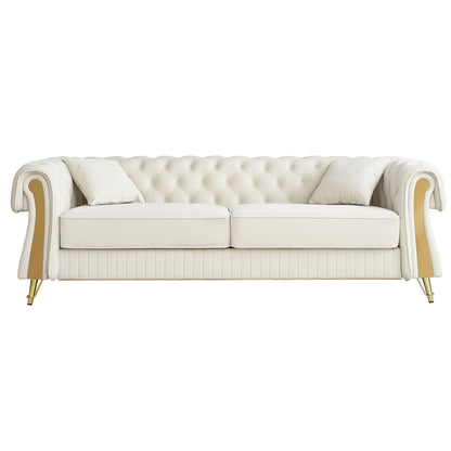 Canapé 3 places en velours 89 avec deux coussins d'assise et deux coussins décoratifs.