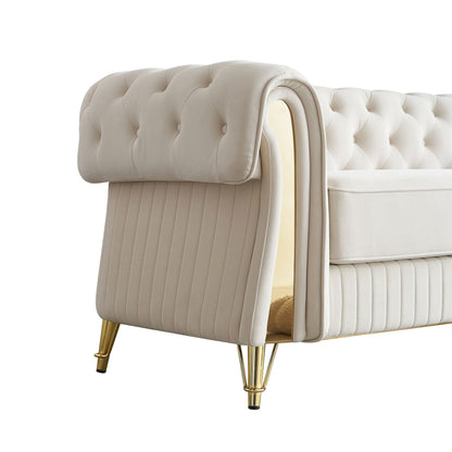 Canapé 3 places en velours 89 avec deux coussins d'assise et deux coussins décoratifs.