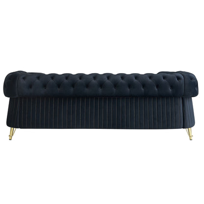 Canapé 3 places en velours 89 avec deux coussins d'assise et deux coussins décoratifs.