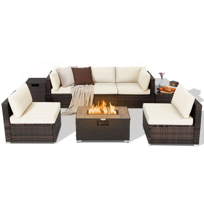 Ensemble de meubles en rotin pour patio, 8 pièces, avec support pour foyer, table et réservoir, et couvercle de terrasse.