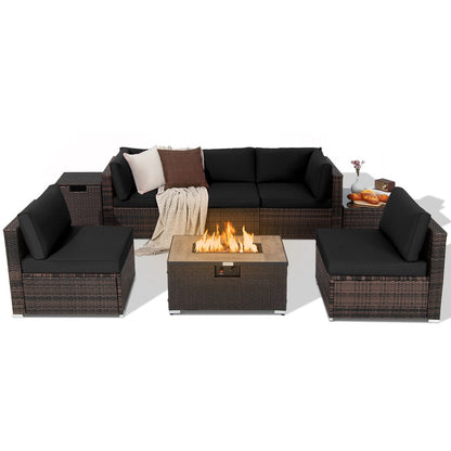 Ensemble de meubles en rotin pour patio, 8 pièces, avec support pour foyer, table et réservoir, et couvercle de terrasse.