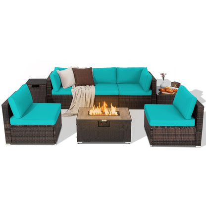 Ensemble de meubles en rotin pour patio, 8 pièces, avec support pour foyer, table et réservoir, et couvercle de terrasse.