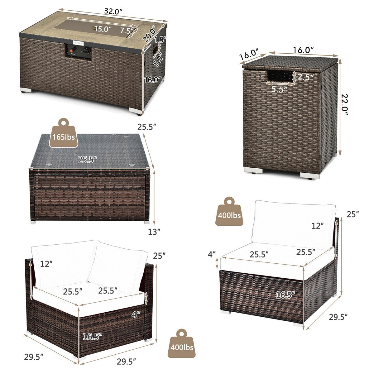 Ensemble de meubles en rotin pour patio, 8 pièces, avec support pour foyer, table et réservoir, et couvercle de terrasse.