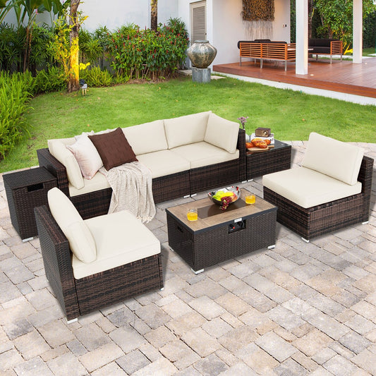 Ensemble de meubles en rotin pour patio, 8 pièces, avec support pour foyer, table et réservoir, et couvercle de terrasse.