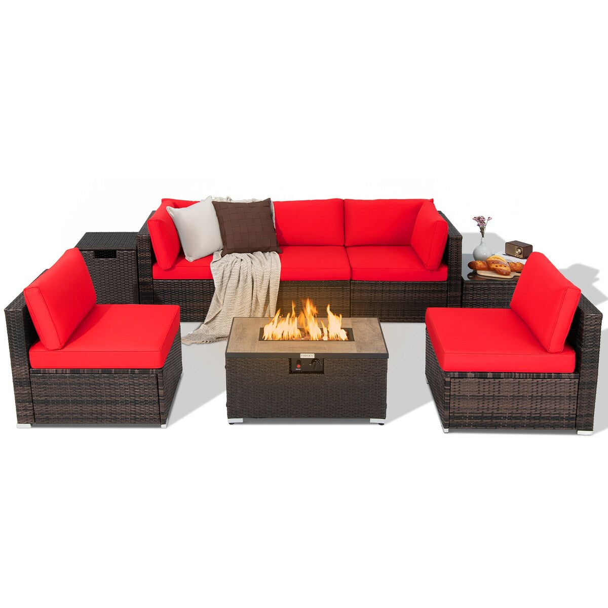 Ensemble de meubles en rotin pour patio, 8 pièces, avec support pour foyer, table et réservoir, et couvercle de terrasse.