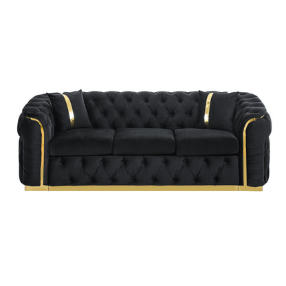 Canapé 3 places en velours 90.6 avec 2 coussins, coussins haute densité, accents dorés et oreillers