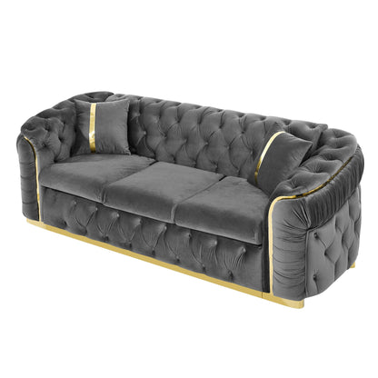 Canapé 3 places en velours 90.6 avec 2 coussins, coussins haute densité, accents dorés et oreillers