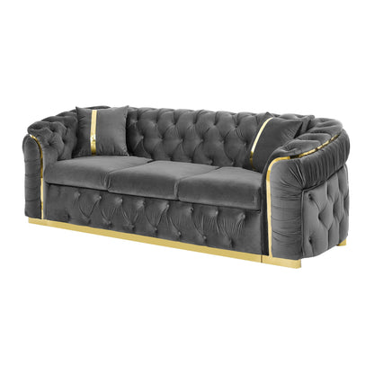 Canapé 3 places en velours 90.6 avec 2 coussins, coussins haute densité, accents dorés et oreillers