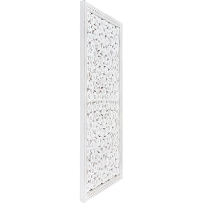 Panneau mural Allen en bois blanchi, sculpté à la main, avec incrustation de miroir, 48x28 pouces