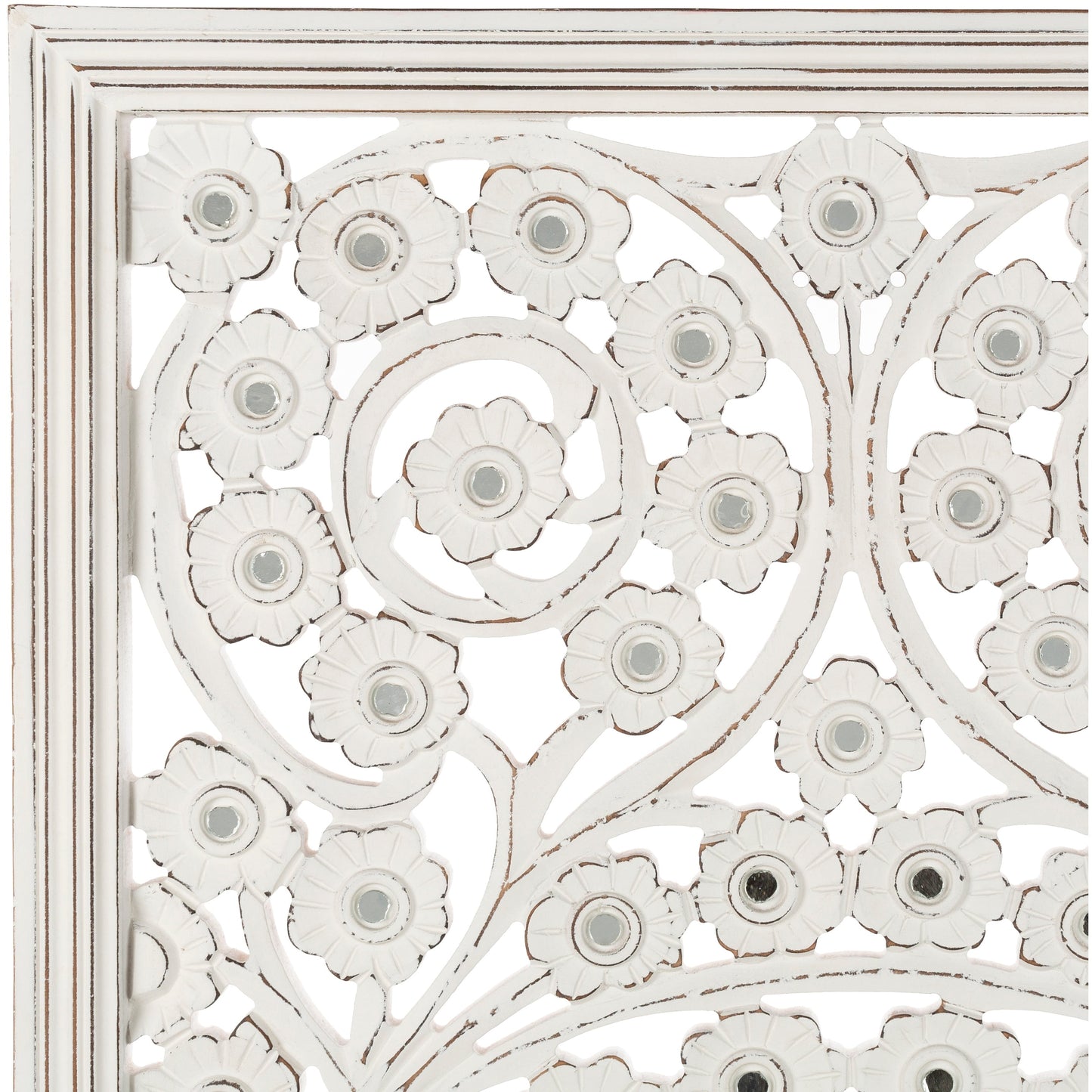 Panneau mural Allen en bois blanchi, sculpté à la main, avec incrustation de miroir, 48x28 pouces