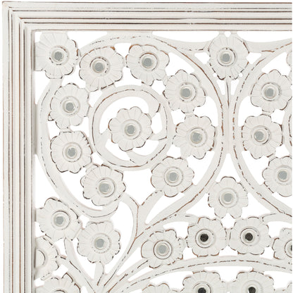 Panneau mural Allen en bois blanchi, sculpté à la main, avec incrustation de miroir, 48x28 pouces