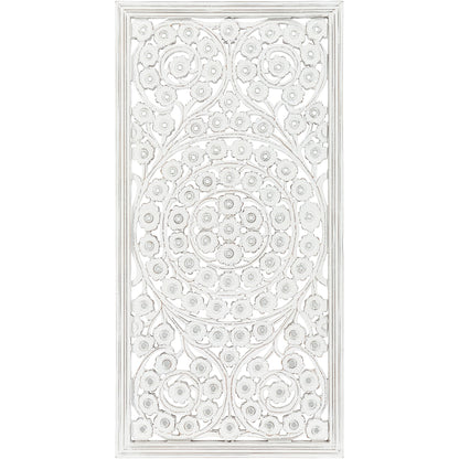 Panneau mural Allen en bois blanchi, sculpté à la main, avec incrustation de miroir, 48x28 pouces