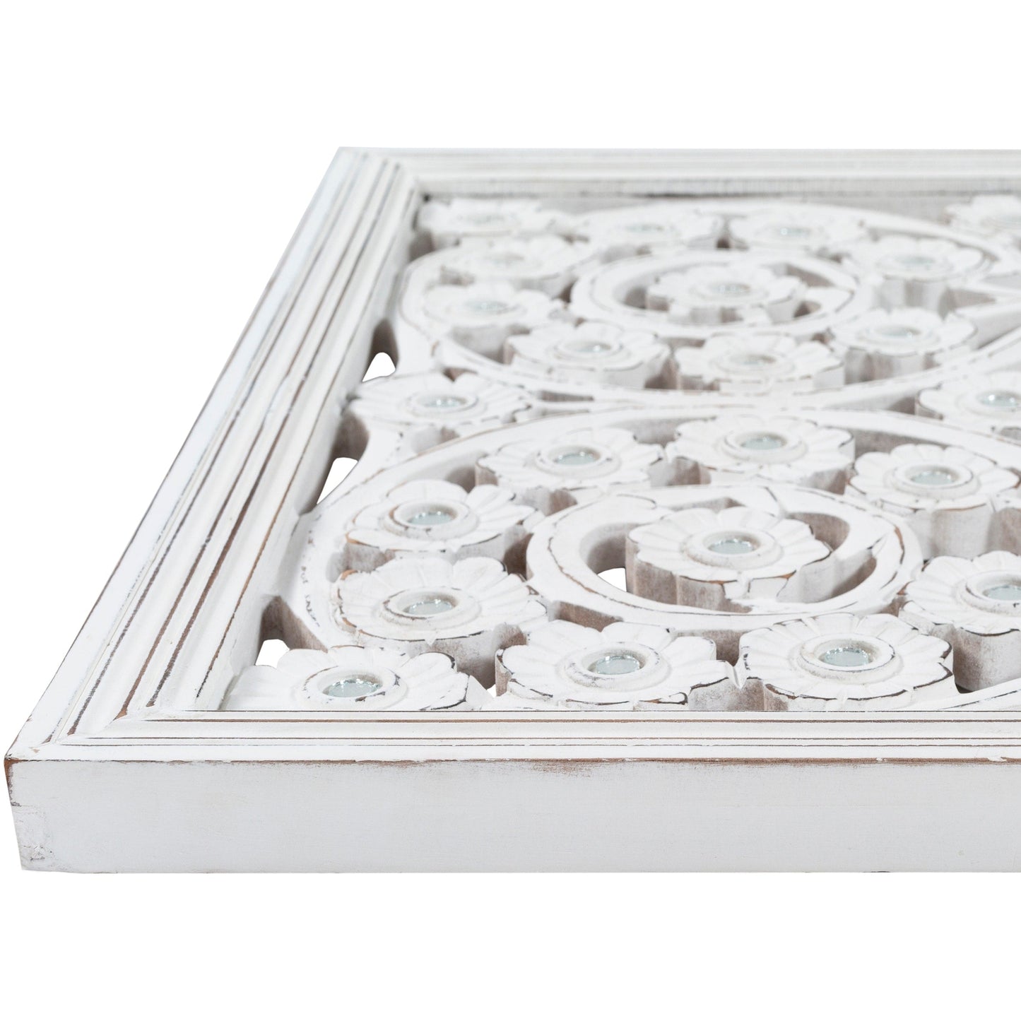 Panneau mural Allen en bois blanchi, sculpté à la main, avec incrustation de miroir, 48x28 pouces