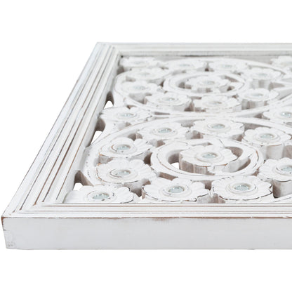Panneau mural Allen en bois blanchi, sculpté à la main, avec incrustation de miroir, 48x28 pouces