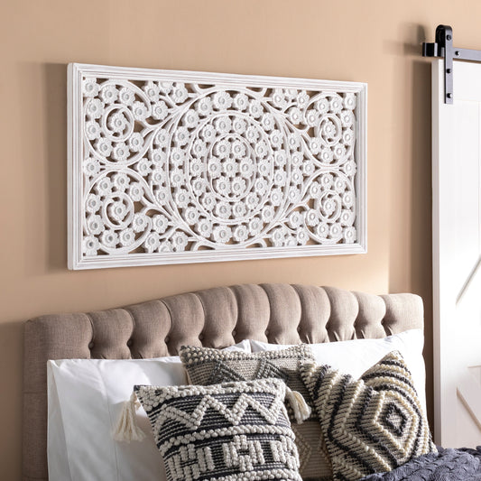 Panneau mural Allen en bois blanchi, sculpté à la main, avec incrustation de miroir, 48x28 pouces