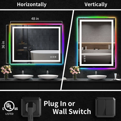 Miroir de salle de bain antibuée avec rétroéclairage RGB et éclairage LED frontal