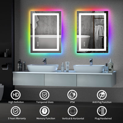 Miroir de salle de bain antibuée avec rétroéclairage RGB et éclairage LED frontal