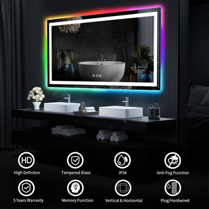 Miroir de salle de bain antibuée avec rétroéclairage RGB et éclairage LED frontal