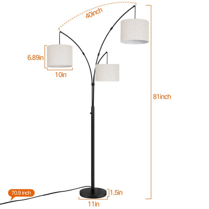 Lampe de sol LED à arc, moderne, noire, à intensité variable, avec 3 lumières, haute et arquée.