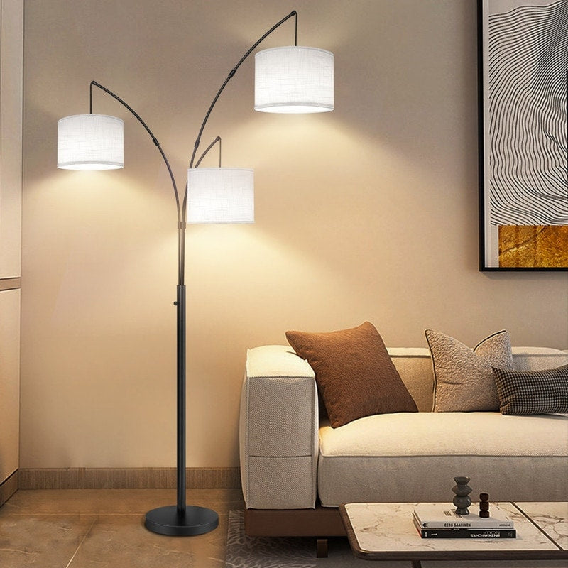 Lampe de sol LED à arc, moderne, noire, à intensité variable, avec 3 lumières, haute et arquée.