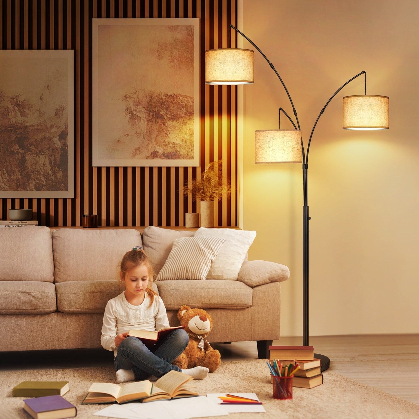 Lampe de sol LED à arc, moderne, noire, à intensité variable, avec 3 lumières, haute et arquée.