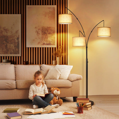 Lampe de sol LED à arc, moderne, noire, à intensité variable, avec 3 lumières, haute et arquée.