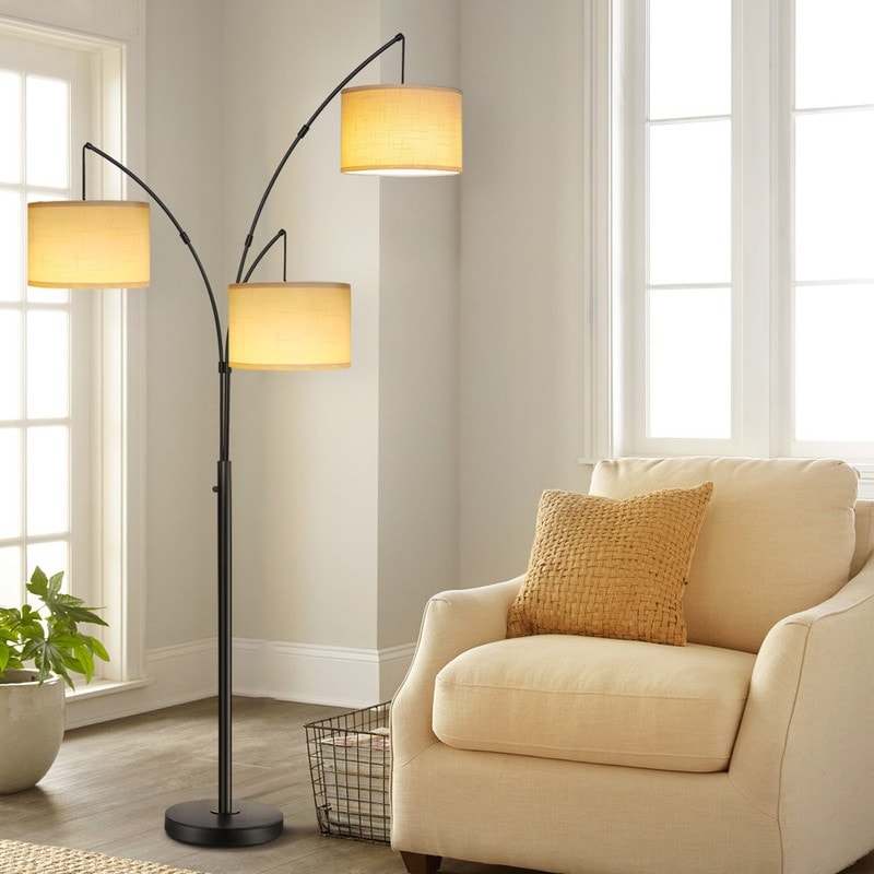 Lampe de sol LED à arc, moderne, noire, à intensité variable, avec 3 lumières, haute et arquée.