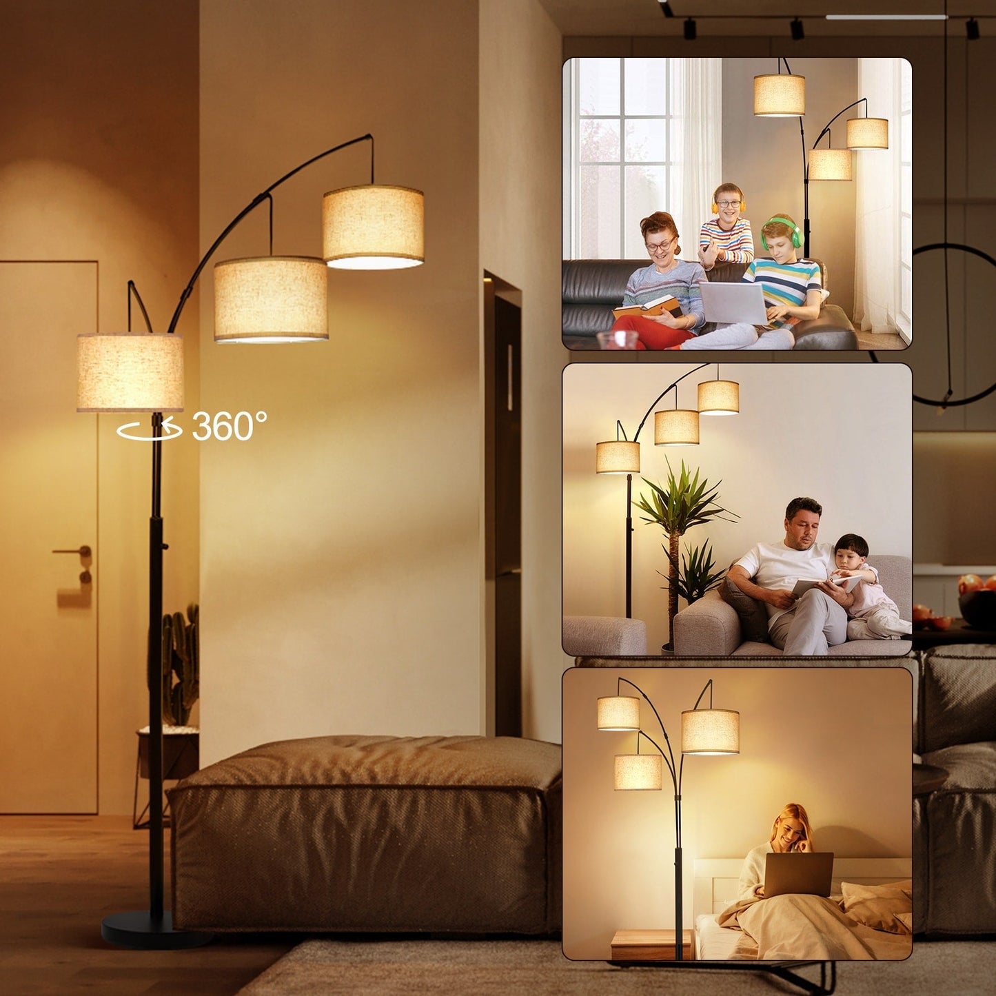 Lampe de sol LED à arc, moderne, noire, à intensité variable, avec 3 lumières, haute et arquée.