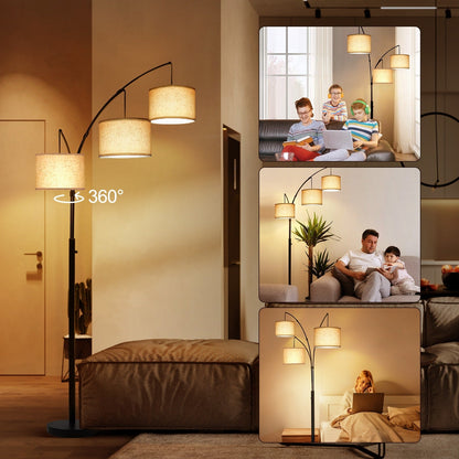 Lampe de sol LED à arc, moderne, noire, à intensité variable, avec 3 lumières, haute et arquée.