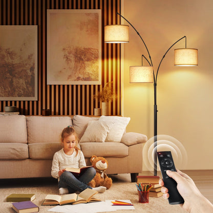 Lampe de sol LED à arc, moderne, noire, à intensité variable, avec 3 lumières, haute et arquée.