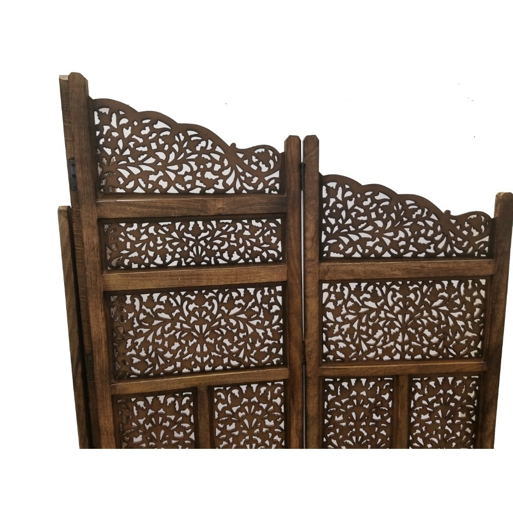 Paravent pliable en bois à 4 panneaux, sculpté à la main, marque Benzara, marron