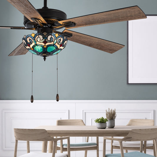 Ventilateur de plafond Astrid River of Goods à 3 pales, bronze huilé multicolore et verre teinté, 52 pouces - 52 x 52 x 14,75/19,75