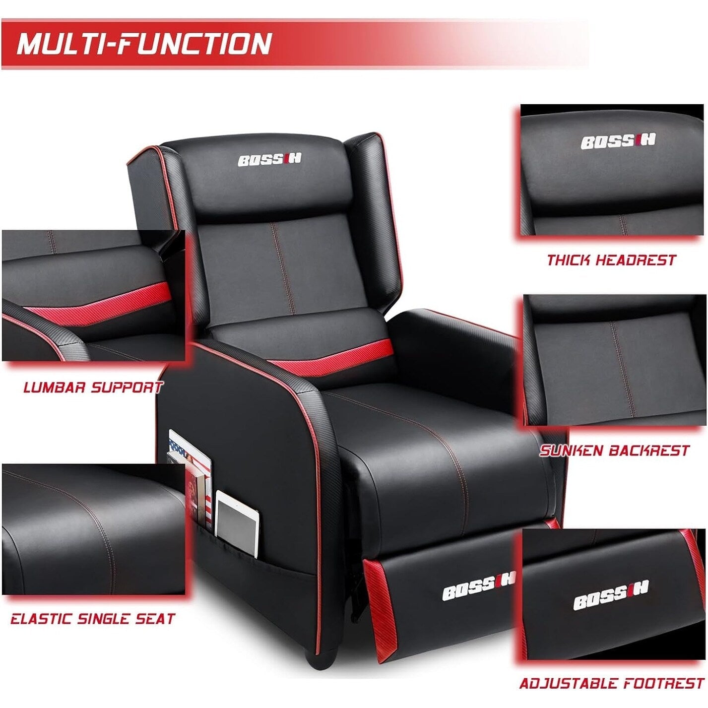 BOSSIN Fauteuil de jeu inclinable ergonomique en cuir PU pour salon