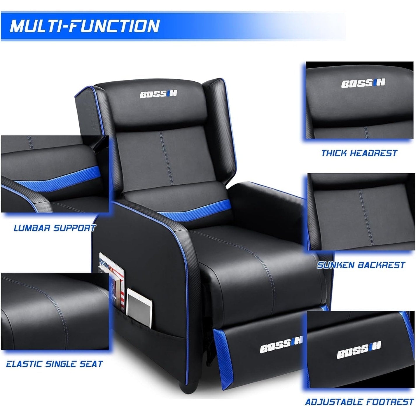 BOSSIN Fauteuil de jeu inclinable ergonomique en cuir PU pour salon