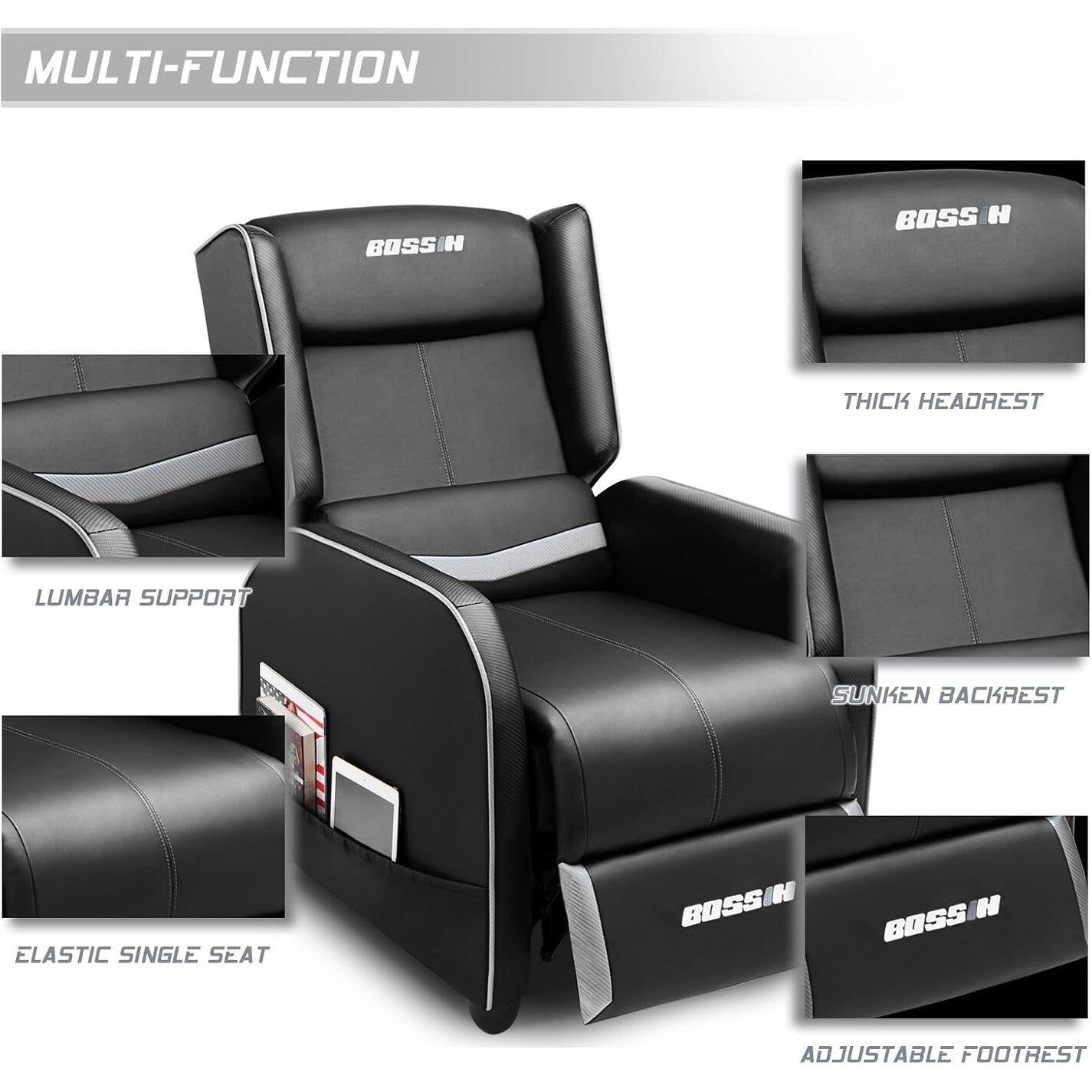 BOSSIN Fauteuil de jeu inclinable ergonomique en cuir PU pour salon