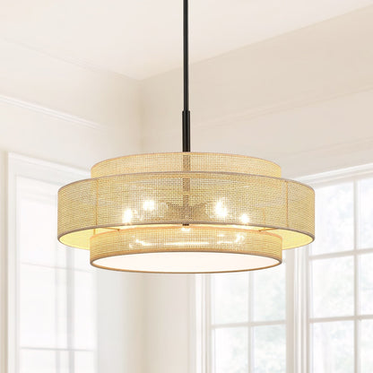 Luminaire à suspension à 5 lumières Bayou, style côtier, noir, avec abat-jour double en rotin - 61 cm de largeur