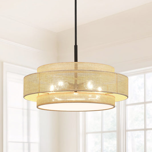 Luminaire à suspension à 5 lumières Bayou, style côtier, noir, avec abat-jour double en rotin - 61 cm de largeur