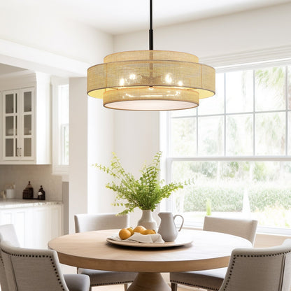 Luminaire à suspension à 5 lumières Bayou, style côtier, noir, avec abat-jour double en rotin - 61 cm de largeur