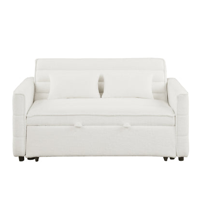 Canapé-lit convertible beige 55.12 en bouclette, avec dossier réglable et 2 coussins lombaires pour le salon.