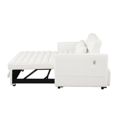 Canapé-lit convertible beige 55.12 en bouclette, avec dossier réglable et 2 coussins lombaires pour le salon.