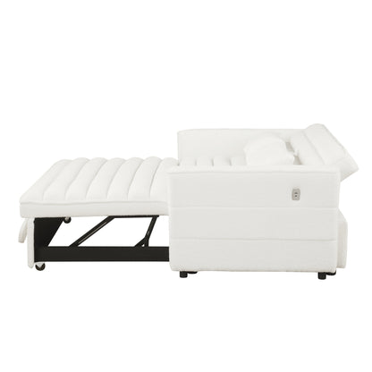 Canapé-lit convertible beige 55.12 en bouclette, avec dossier réglable et 2 coussins lombaires pour le salon.