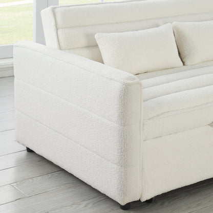 Canapé-lit convertible beige 55.12 en bouclette, avec dossier réglable et 2 coussins lombaires pour le salon.