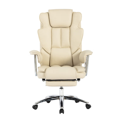 Fauteuil de bureau inclinable ergonomique à dossier haut en cuir synthétique beige, pivotant à 360°, avec support lombaire, repose-pieds et hauteur réglable.