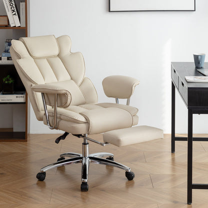 Fauteuil de bureau inclinable ergonomique à dossier haut en cuir synthétique beige, pivotant à 360°, avec support lombaire, repose-pieds et hauteur réglable.