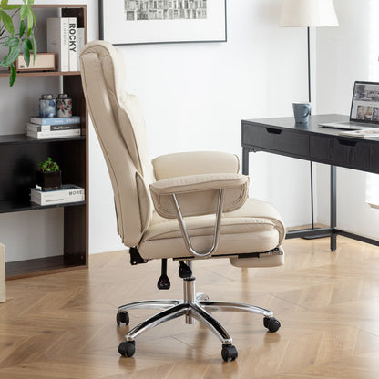 Fauteuil de bureau inclinable ergonomique à dossier haut en cuir synthétique beige, pivotant à 360°, avec support lombaire, repose-pieds et hauteur réglable.