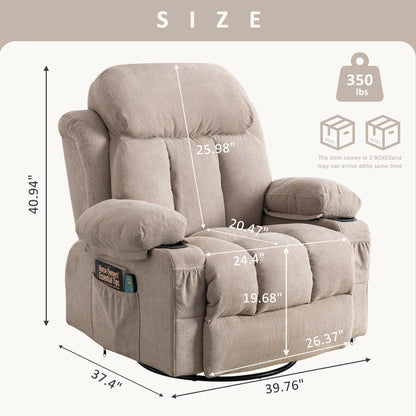 Fauteuil inclinable pivotant beige avec massage, chauffage et recharge USB