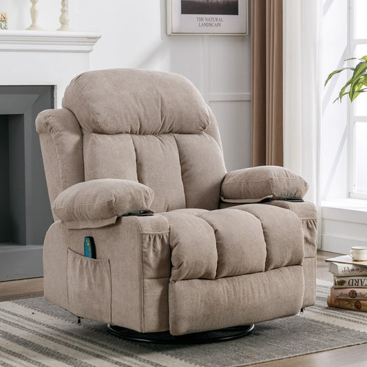 Fauteuil inclinable pivotant beige avec massage, chauffage et recharge USB